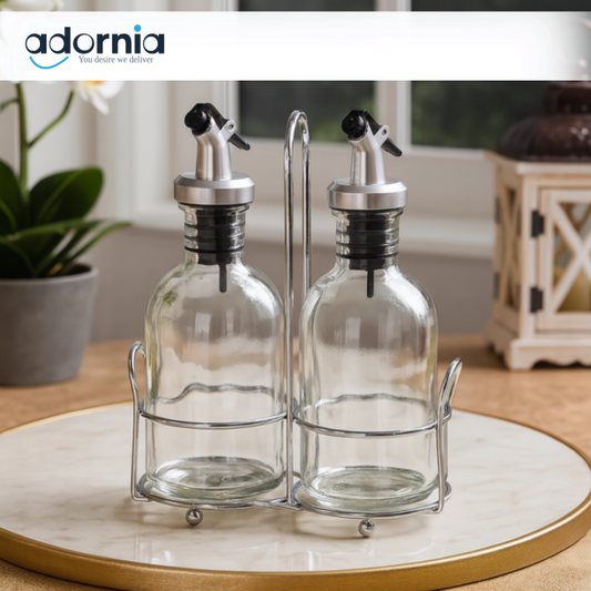 Danny Home Oil and Vinegar Dispenser Set with Stand – Stylish Glass Bottles for Dining Table & Kitchen Use