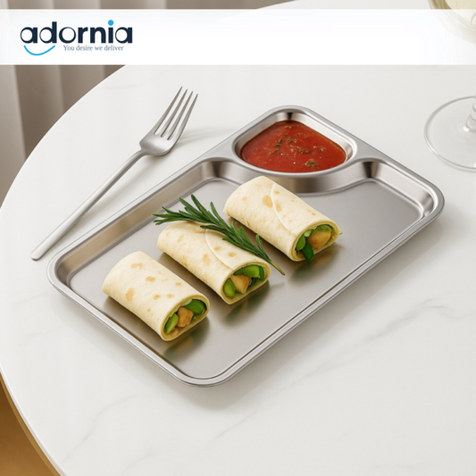 Rectangular Snack Tray with Sauce Section – Elegant Silver Serving Plate for Wraps, Dips & Snacks