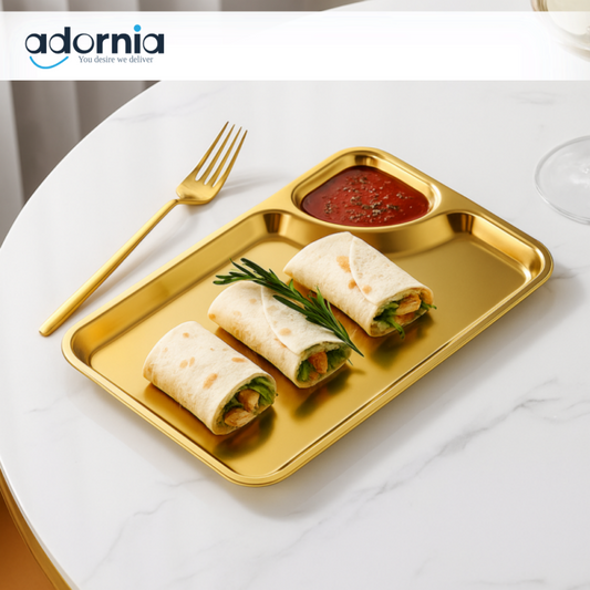 Rectangular Snack Tray with Sauce Section – Luxury Golden Serving Plate for Wraps, Fries & Dips