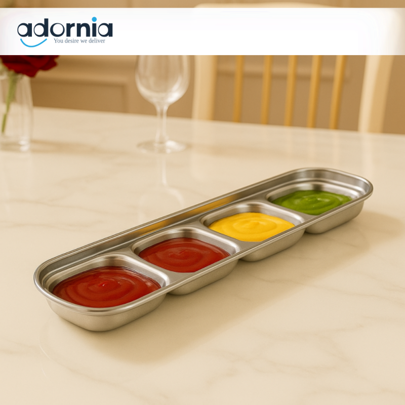 4-Compartment Sauce Tray – Silver Luxury Dish for Ketchup, Mustard, Chutneys & Dips