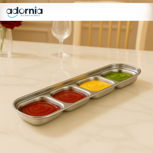 4-Compartment Sauce Tray – Silver Luxury Dish for Ketchup, Mustard, Chutneys & Dips