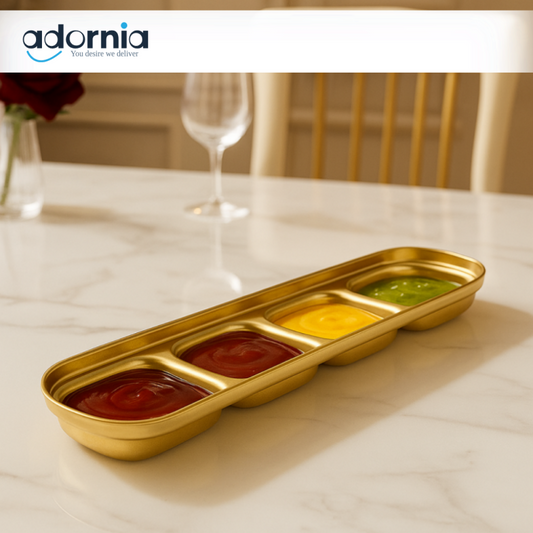 4-Compartment Sauce Tray – Golden Luxury Dish for Dips, Chutneys & Condiments
