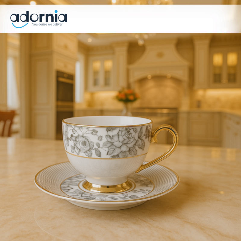 Johnson Brother 12-Piece Royal Blue Floral Tea Set – Gold-Trimmed Porcelain Cups & Saucers | Luxury Serveware Collection