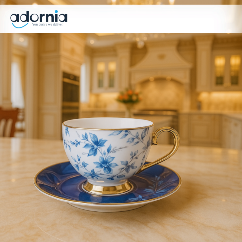 Johnson Brother 12-Piece Royal Blue Floral Tea Set – Gold-Trimmed Porcelain Cups & Saucers | Elegant Luxury Tea Collection