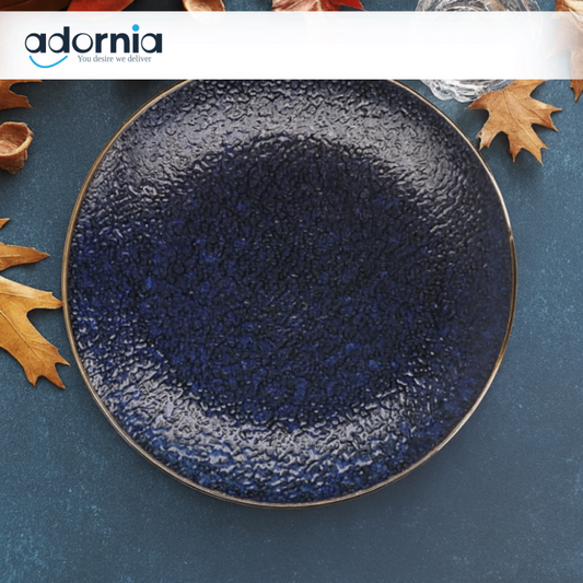 Deep Blue Textured Ceramic Dinner Plate with Gold Rim | Luxury Tableware for Elegant Dining