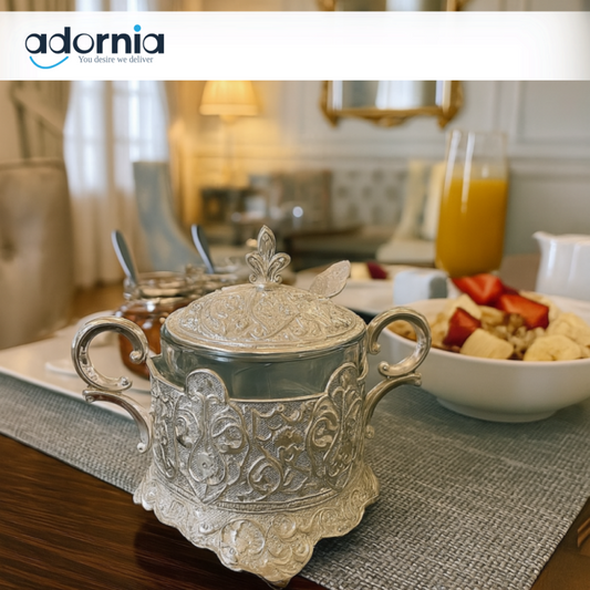 Ornate Silver Sugar Bowl with Spoon – Elegant Design for Breakfast & High Tea