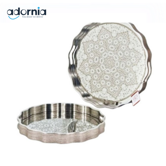 Alpenberg Stainless Steel Round Tray – Decorative Ripple Edge Design with Intricate Pattern