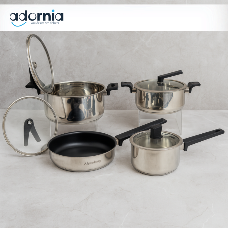 Alpenberg 8-Piece Stainless Steel Cookware Set – Non-Stick Frying Pans & Glass Lid Saucepots for Everyday Cooking