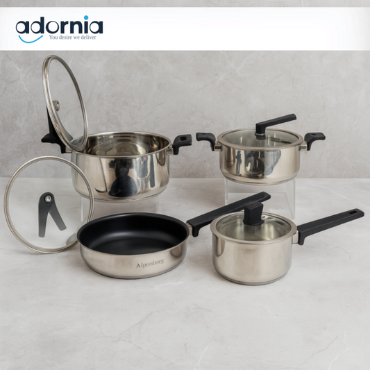 Alpenberg 8-Piece Stainless Steel Cookware Set – Non-Stick Frying Pans & Glass Lid Saucepots for Everyday Cooking