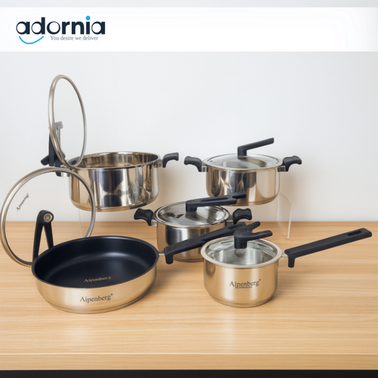 Alpenberg 10-Piece Stainless Steel Cookware Set – Non-Stick Frying Pans & Glass Lid Saucepots for Modern Kitchens