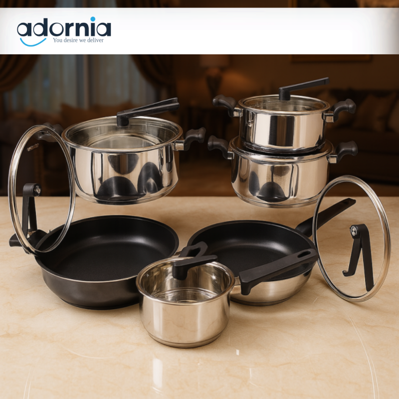 Alpenberg 12-Piece Stainless Steel Cookware Set – Non-Stick Frying Pans & Glass Lid Saucepots for Family Cooking