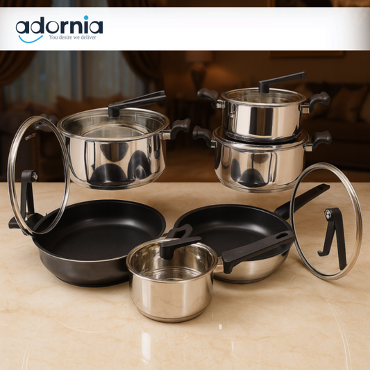 Alpenberg 12-Piece Stainless Steel Cookware Set – Non-Stick Frying Pans & Glass Lid Saucepots for Family Cooking