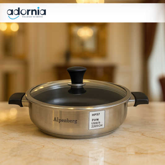 ALPENBERG STAINLESS STEEL FRY PAN WITH GLASS LID – NON-STICK COOKWARE - 28X7CM