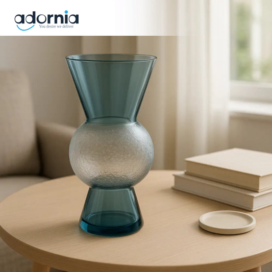 Modern Blue Glass Vase with Hourglass Design & Tulip Display