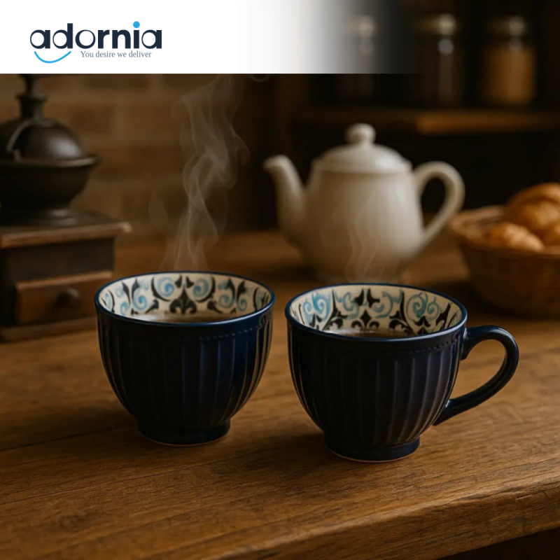 Hand-Painted Blue Ceramic Mugs – Vintage Floral Interior | Artistic Stoneware Drinkware Collection