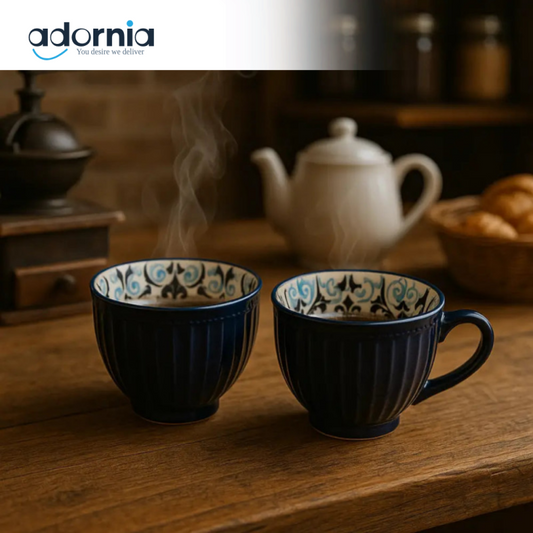 Hand-Painted Blue Ceramic Mugs – Vintage Floral Interior | Artistic Stoneware Drinkware Collection