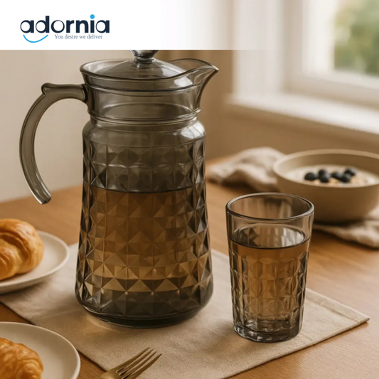 Delisoga Diamond Cut Jug Set – 7-Piece Smoke Glass Jug & Tumblers