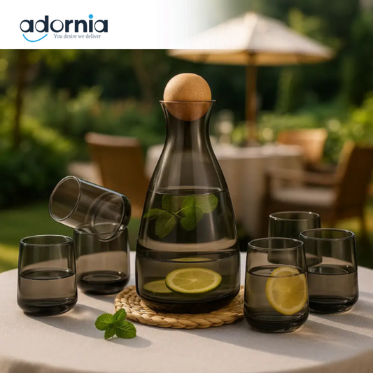 Luxe Smoke Glass Carafe Set – 7-Piece Elegant Server for Water & Juice