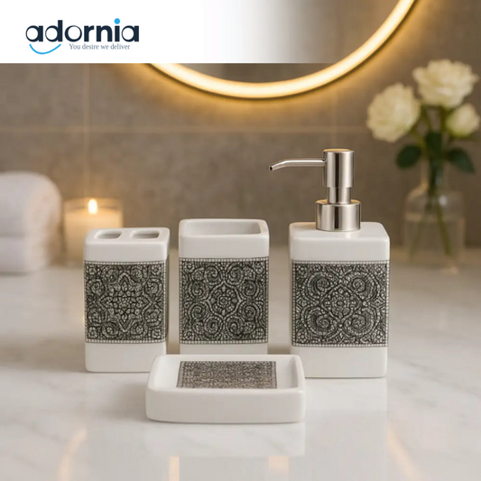 Mosaic Luxe 4-Piece Ceramic Bathroom Set – Stylish Mosaic Finish