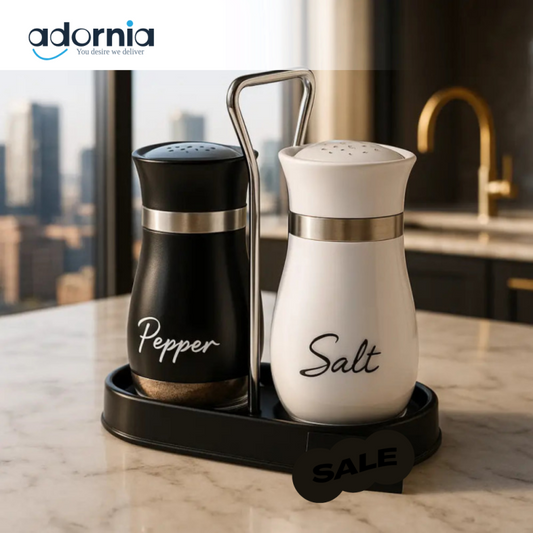 Elite Duo Ceramic Salt & Pepper Set – Black & White with Wooden Tray