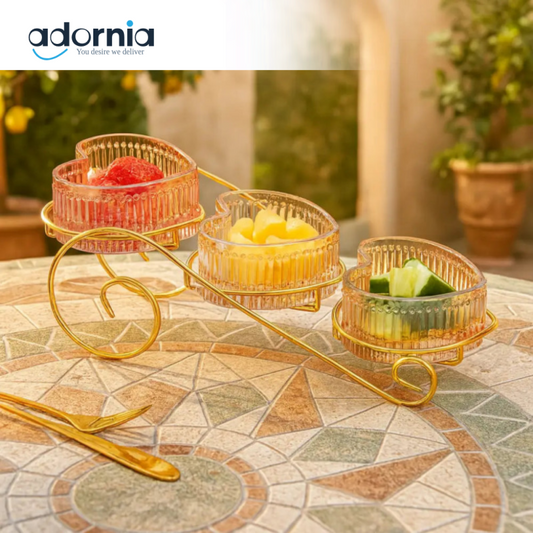 Crystal Heart Snack Bowl Set – 3pcs Elegant Serving Tray with Gold Stand