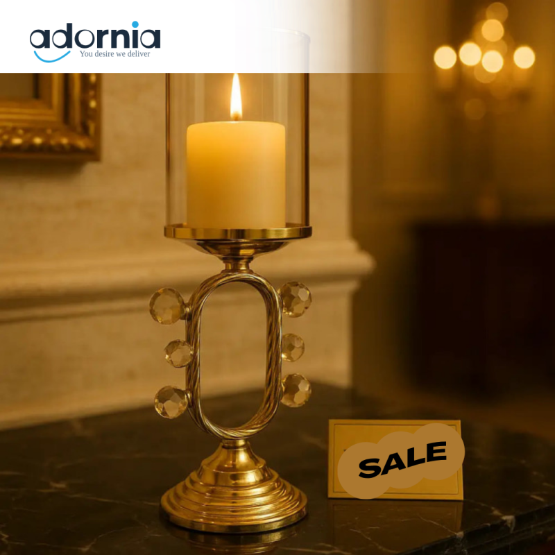 CrystalGlow Luxe Gold Candle Stand – Premium Glass-Shade Pillar Holder for Elegant Decor