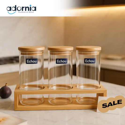 Glass Jar Set with Bamboo Lids – 3-Piece Airtight Storage with Wooden Stand