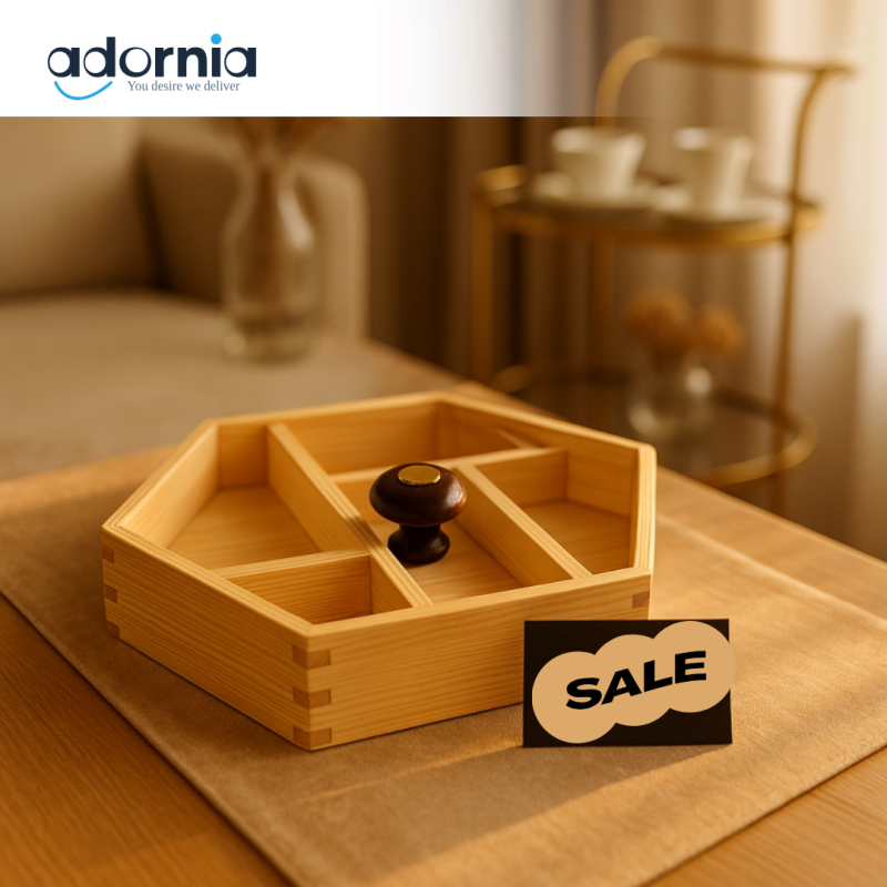 HexaWood 5-Section Wooden Dry Fruit & Snack Tray with Lid – Premium Organizer