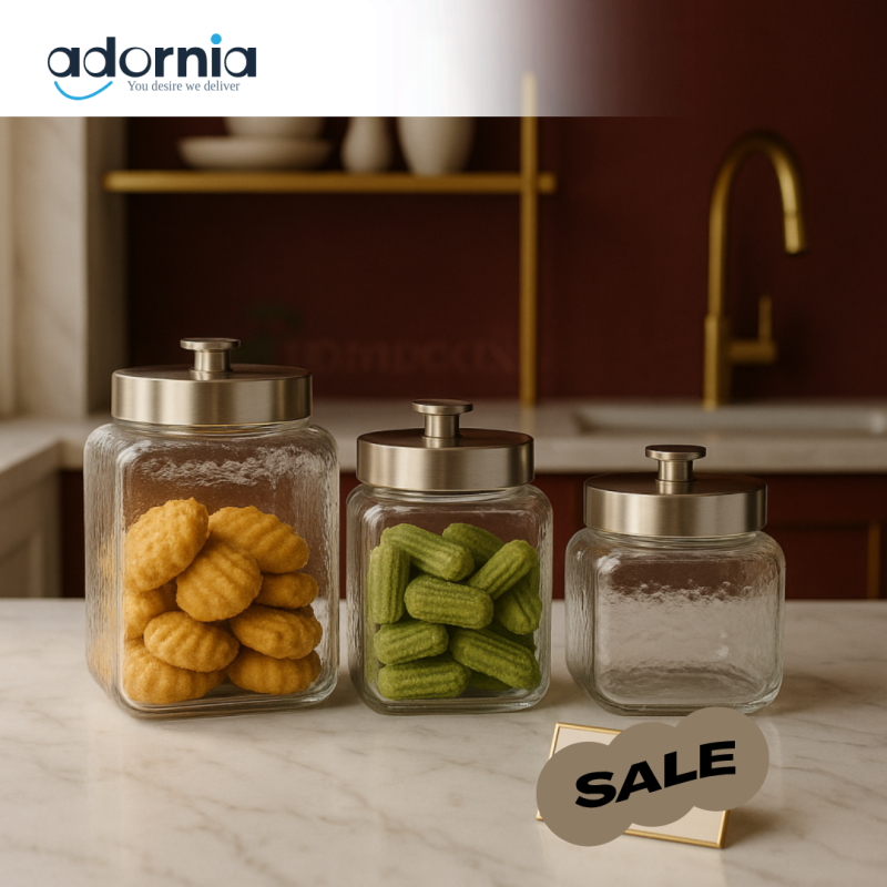 3-Piece Premium Glass Storage Jar Set with Airtight Steel Lids – Square Design