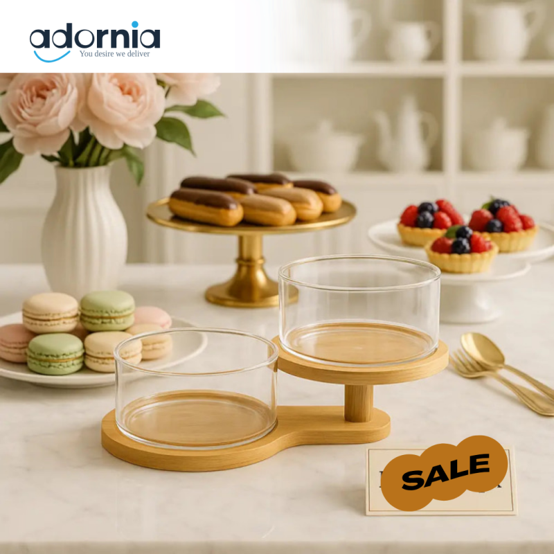 Luxury Dual Glass Dessert Bowl Set with Bamboo Stand – Tiered Dessert Server for Home & Events