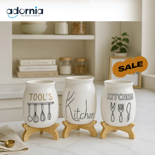 Ceramic Utensil Holder Set with Wooden Base – Stylish Kitchen Storage Solution