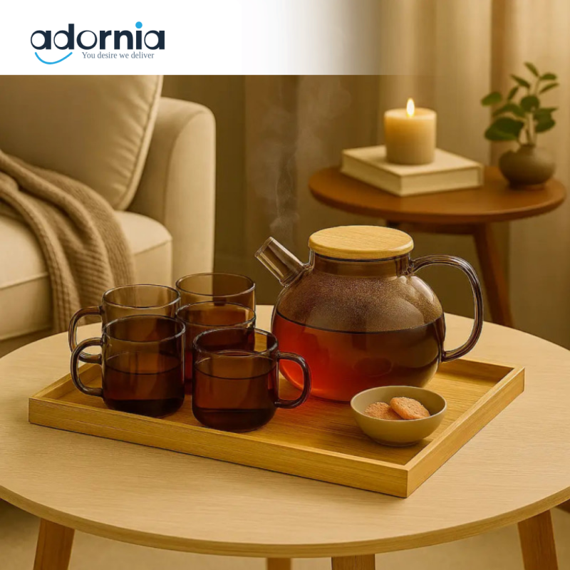 Smoked Glass Teapot & Cup Set with Wooden Lid – 7 Pcs | Modern Heat-Resistant Tea Serveware