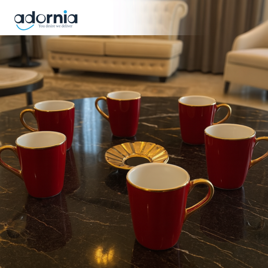 ANGELA 6-PIECE LUXURY RED COFFEE MUG SET WITH GOLD HANDLES & SUNBURST SAUCER – ELEGANT ESPRESSO CUPS FOR VILLA TABLETOP DISPLAY