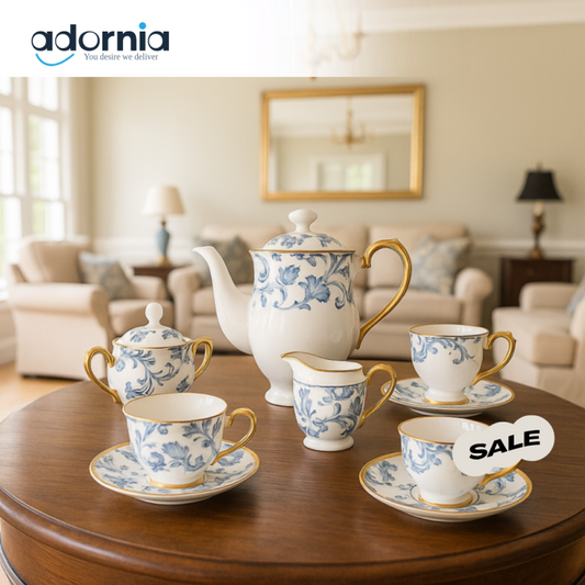 ANGELA 17-Piece Blue Floral Tea Set – Luxury Porcelain Cups & Teapot with Gold Trim | Elegant Villa Tableware Collection