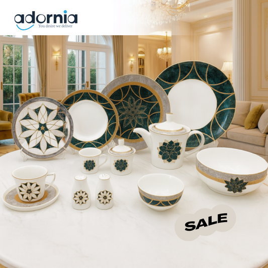 Angela 47-Piece Luxury Porcelain Dinner Set for 6 – Elegant Green & Gold Design | Premium Villa Tableware Collection