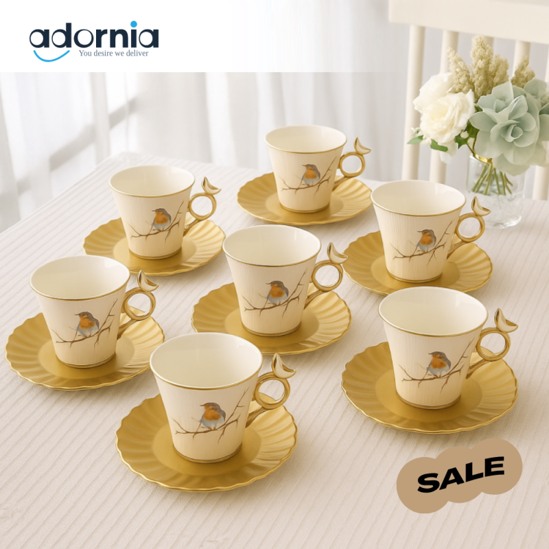 ANGELA 6-Piece Porcelain Tea Cup Set with Gold Trim & Bird Design | Luxury Elegant Tableware for High-Tea & Gifting