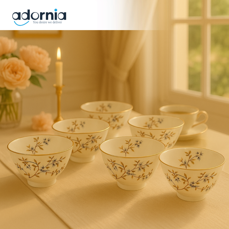 ANGELA 6-Piece Floral Porcelain Bowl Set – Gold-Accented Elegant Serveware | Luxury Tea & Dessert Bowls Collection