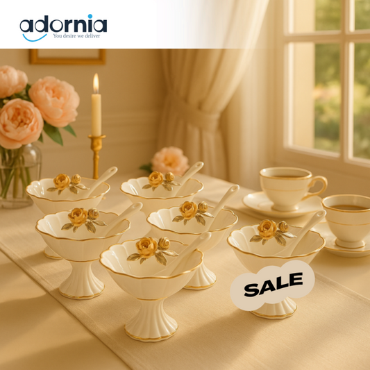 ANGELA 6-PIECE ELEGANT PORCELAIN DESSERT BOWL SET WITH GOLDEN ROSE SPOONS – LUXURY TABLEWARE FOR HIGH TEA & PARTIES