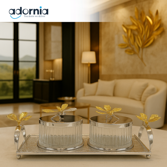 LUXURY SILVER PLATED CRYSTAL JAR SET WITH TRAY FOR TABLE DECOR