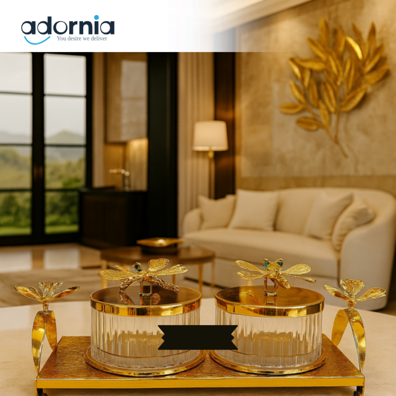 LUXURY GOLD PLATED CRYSTAL JAR SET WITH TRAY FOR TABLE DECOR