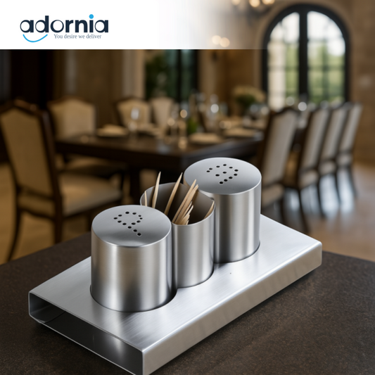 STAINLESS STEEL SALT PEPPER SHAKER SET WITH TOOTHPICK HOLDER – LUXURY DINING TABLE ACCESSORY