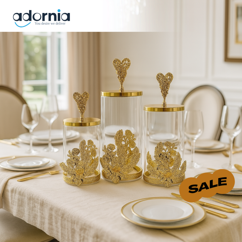 LUXURY GOLD PLATED GLASS JAR SET FOR DINING TABLE DECOR – VILLA STYLE CENTERPIECE