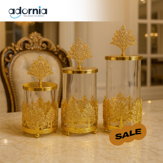 LUXURY GOLD ORNATE STORAGE JAR SET FOR DINING TABLE DECOR