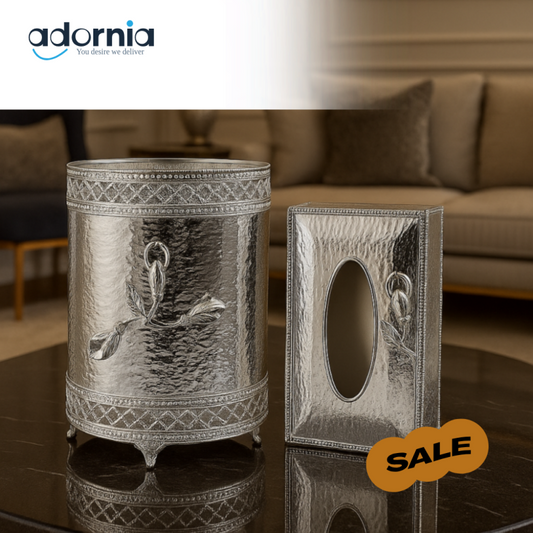 LUXURY SILVER PLATED TISSUE BOX AND TRASH BIN SET FOR VILLA ROOM DECOR