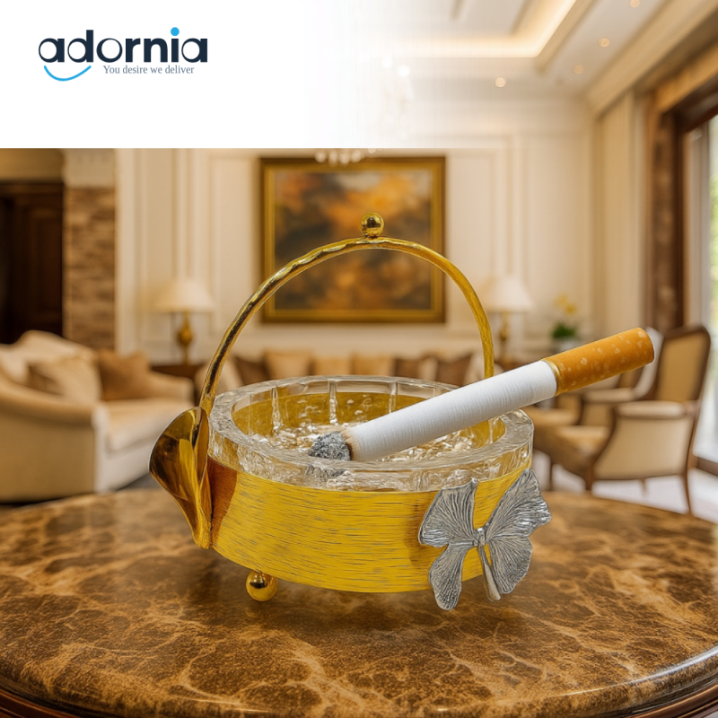 LUXURY CRYSTAL ASHTRAY WITH GOLD HOLDER AND CIGARETTE – VILLA INTERIOR DISPLAY