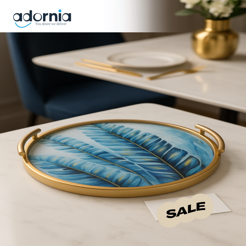 Luxury Blue Leaf Round Serving Tray – Gold Handles