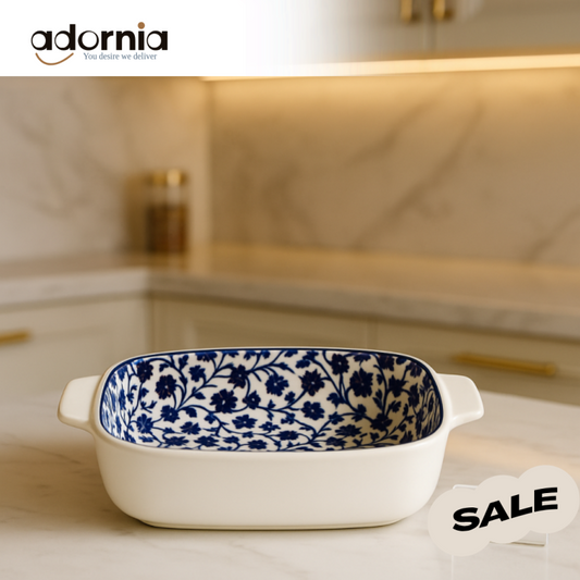 Blue Floral Interior Ceramic Bakeware Dish – Premium White Exterior