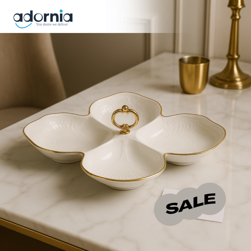Royal Petal Ceramic Snack Dish – 4 Section Gold Rim Server