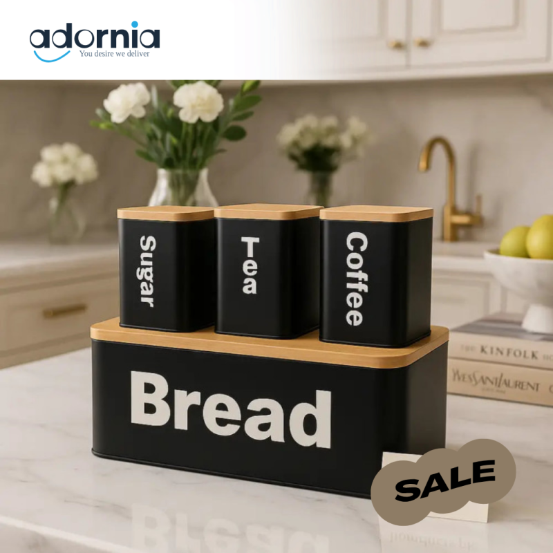 Luxury Matte Black Bread & Canister Set – Tea, Coffee, Sugar Storage with Bamboo Lids