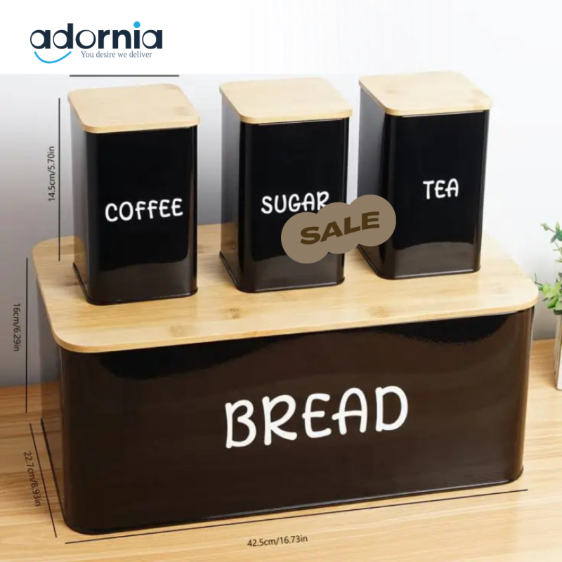 Luxury Matte Black Bread & Canister Set – Tea, Coffee, Sugar Storage with Bamboo Lids